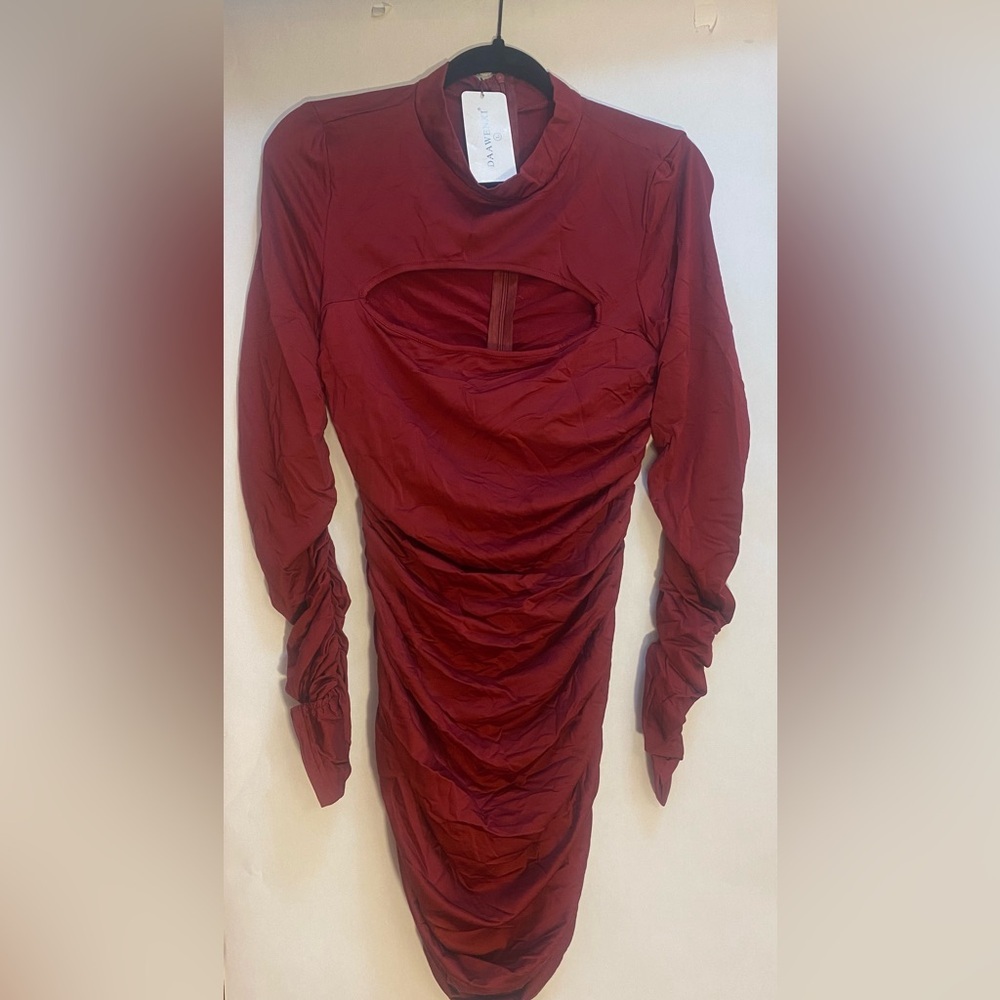 Burgundy Ruched Cutout Bodycon Dress Long Sleeve Mock Neck Mini Wine L